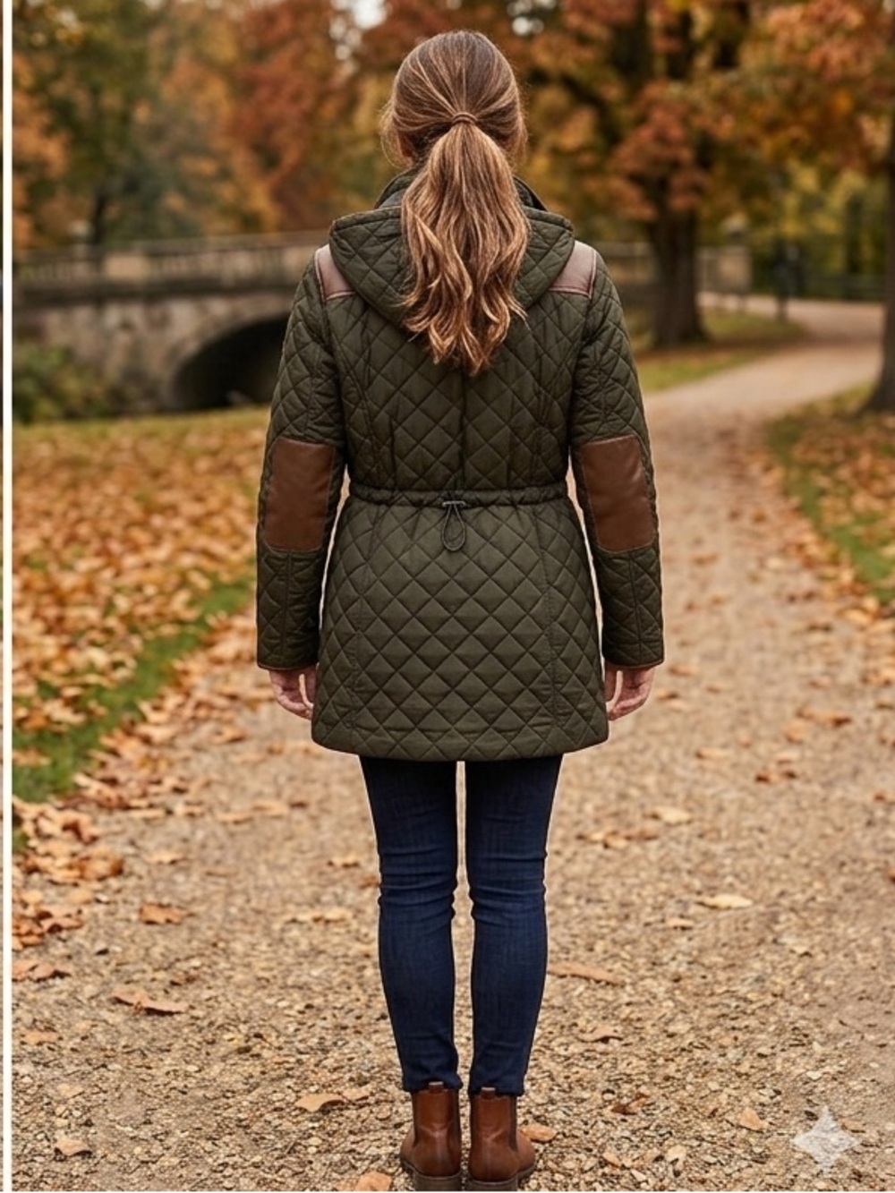 Lauren Ralph Lauren Quilted Hooded Puffer Jacket - Olive Green with Brown Trim - Picture 3 of 6
